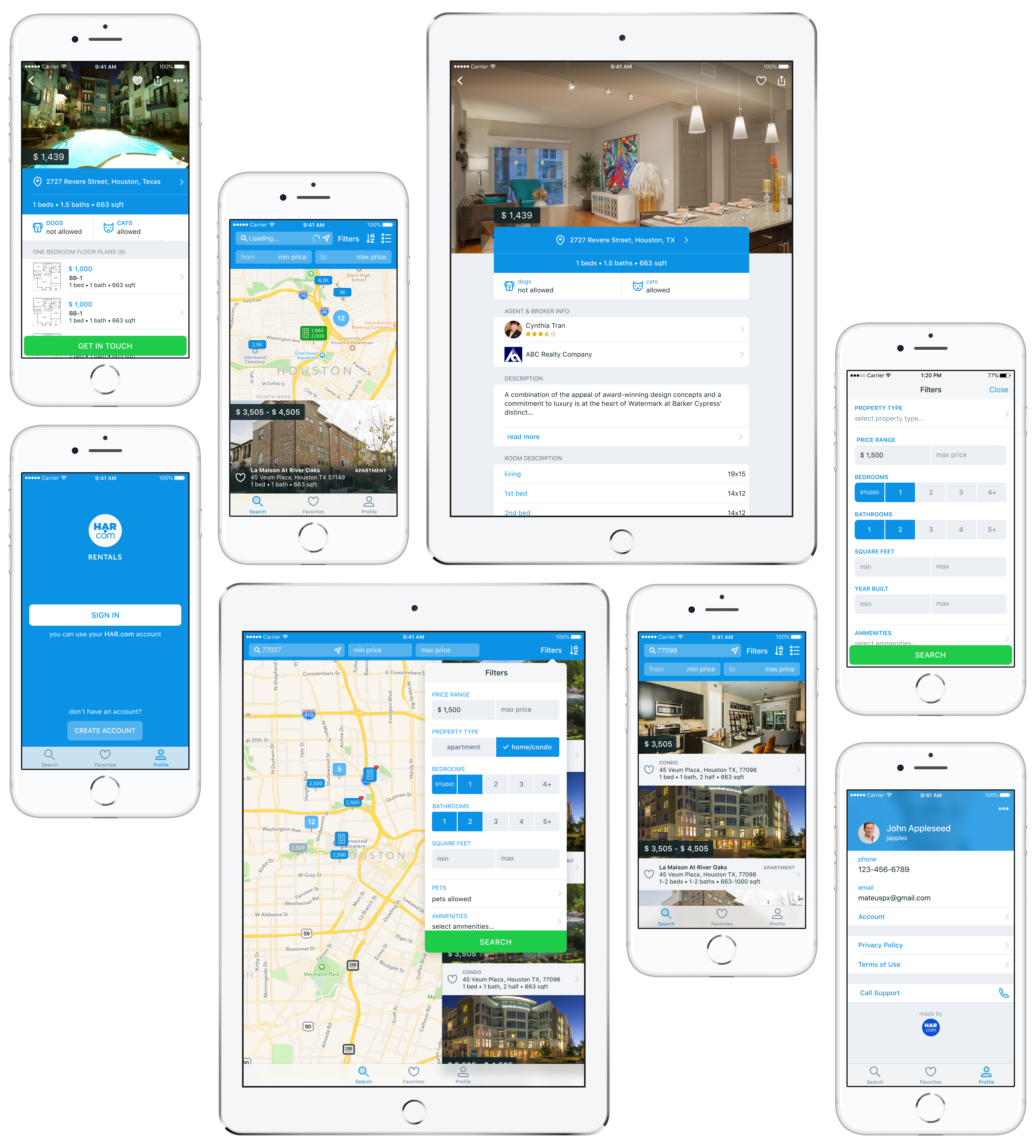 The finished app across iPhone, iPad and Android: sign-in, map search with price pins, a filter sheet, listing detail with floor plans, and a profile screen.