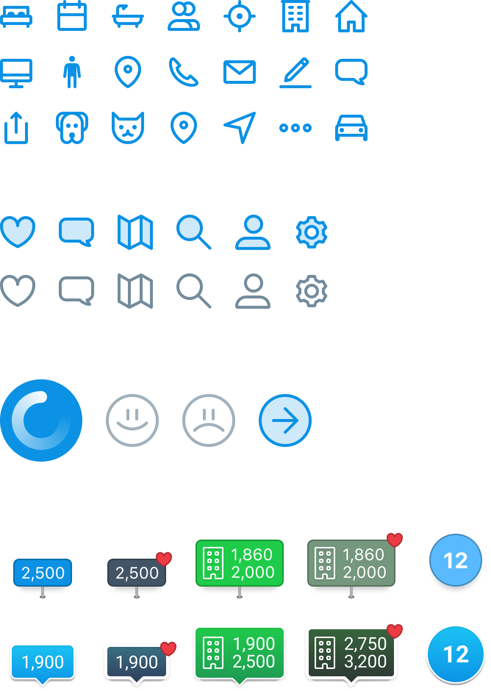 The icon set: beds, baths, pets, location and contact glyphs, tab-bar icons in selected and unselected states, loading and empty-state faces, and map pins in price, multi-unit, saved and selected variants.