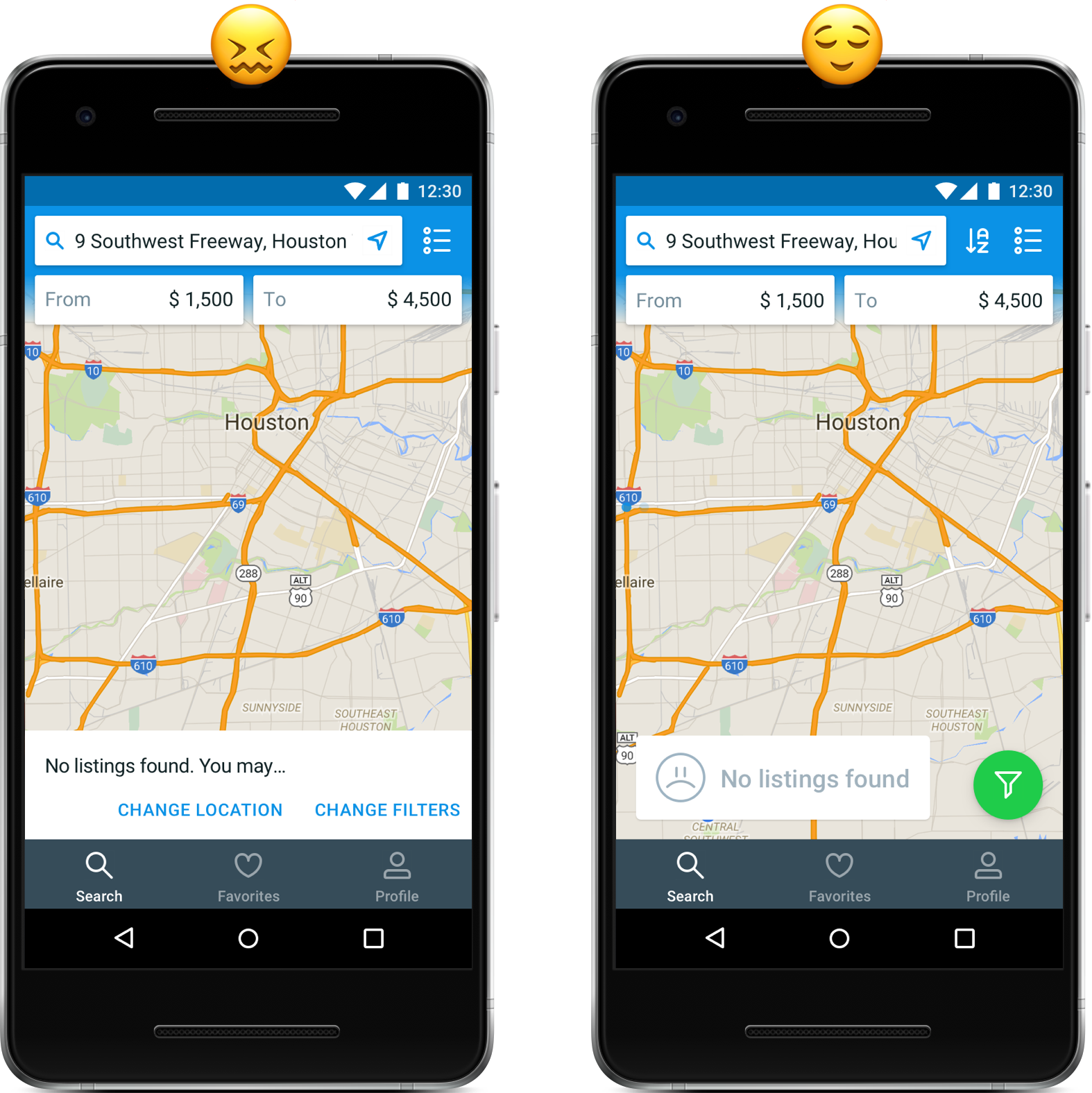 Two Android empty states side by side. Left, a panel reading “No listings found. You may…” with Change Location and Change Filters buttons and no floating action button. Right, a plain “No listings found” card with the green floating action button still in place.
