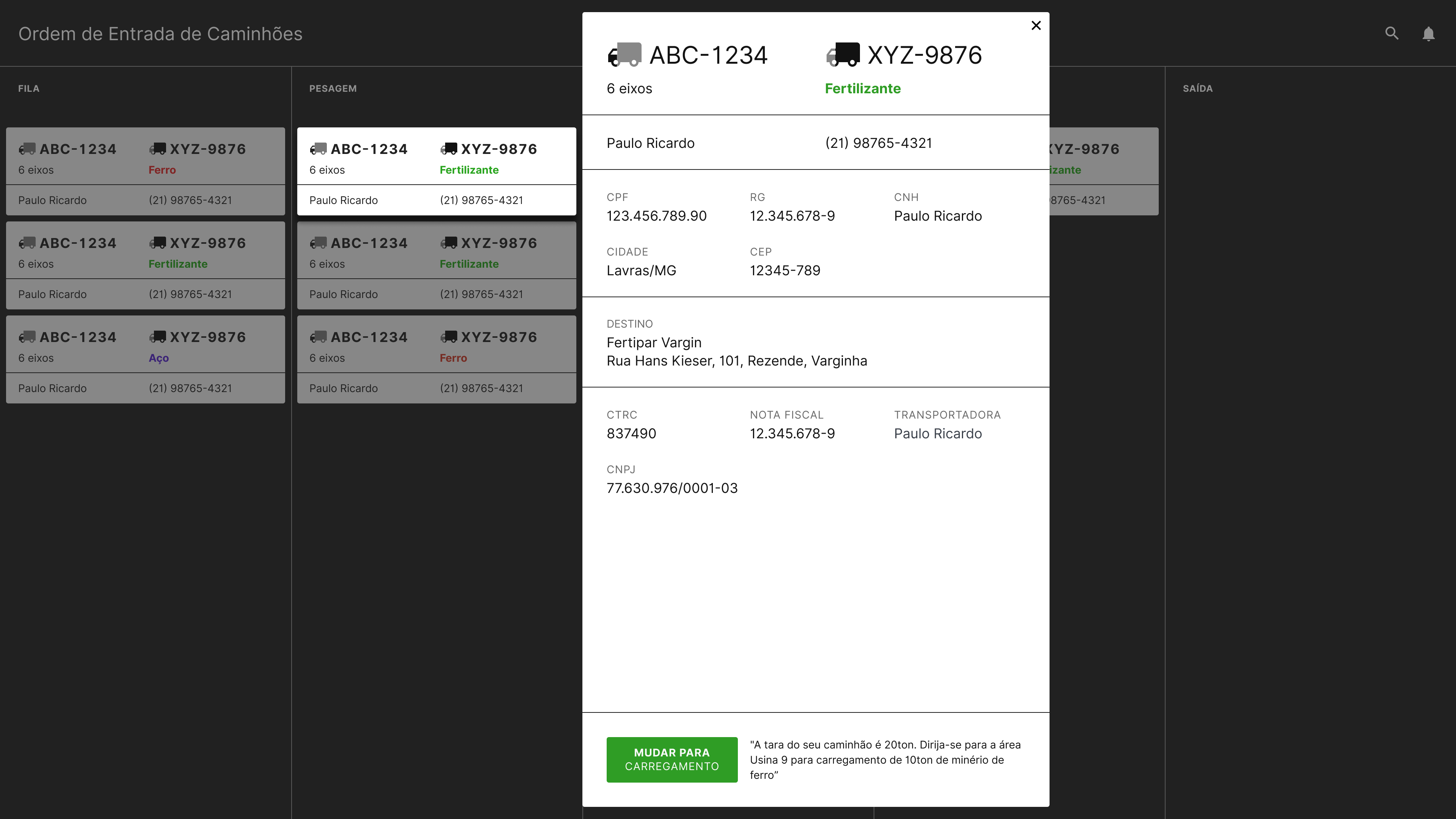 The dashboard with a truck’s card expanded, showing the driver’s details, destination, paperwork, and the message the driver had just been sent, with an action to move it to the next stage.