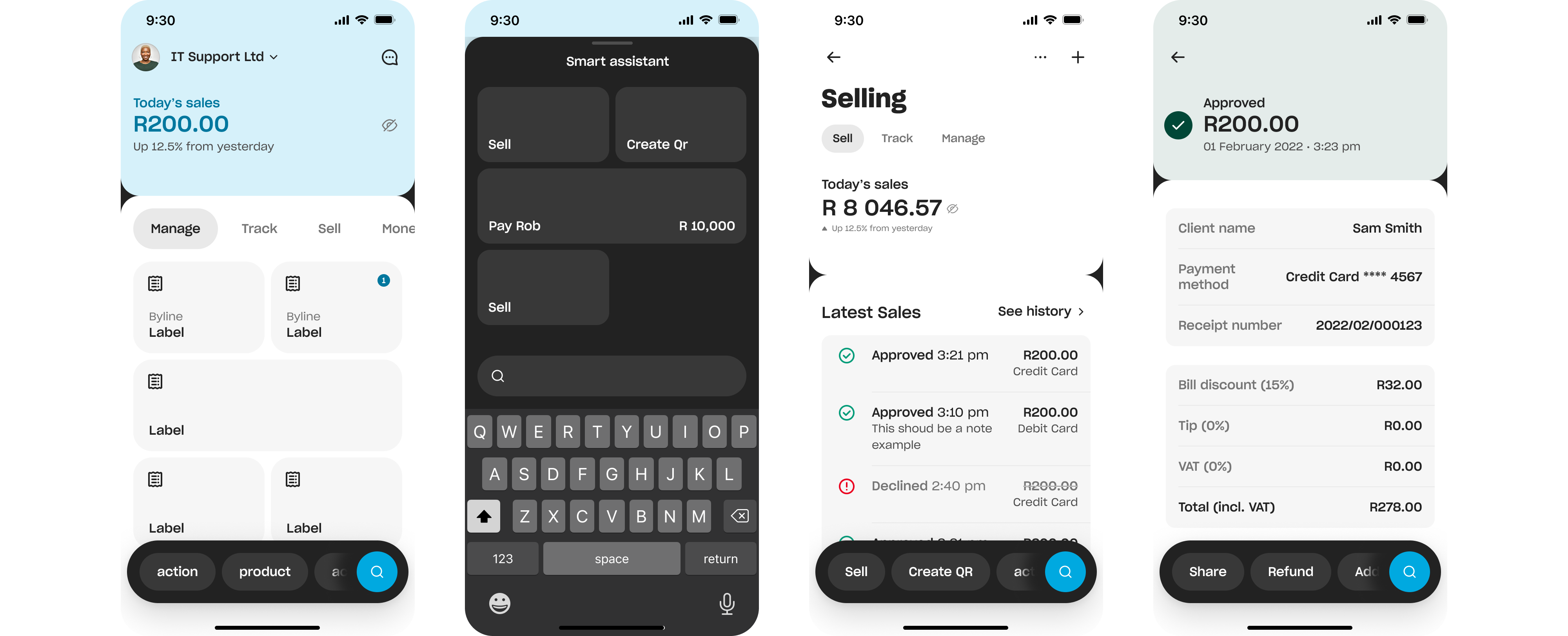 Four concept screens showing a floating action bar whose chips change per screen — action and product, then Sell and Create QR, then Share and Refund — beside a smart assistant panel suggesting Sell, Create Qr and Pay Rob R10,000 above a keyboard.