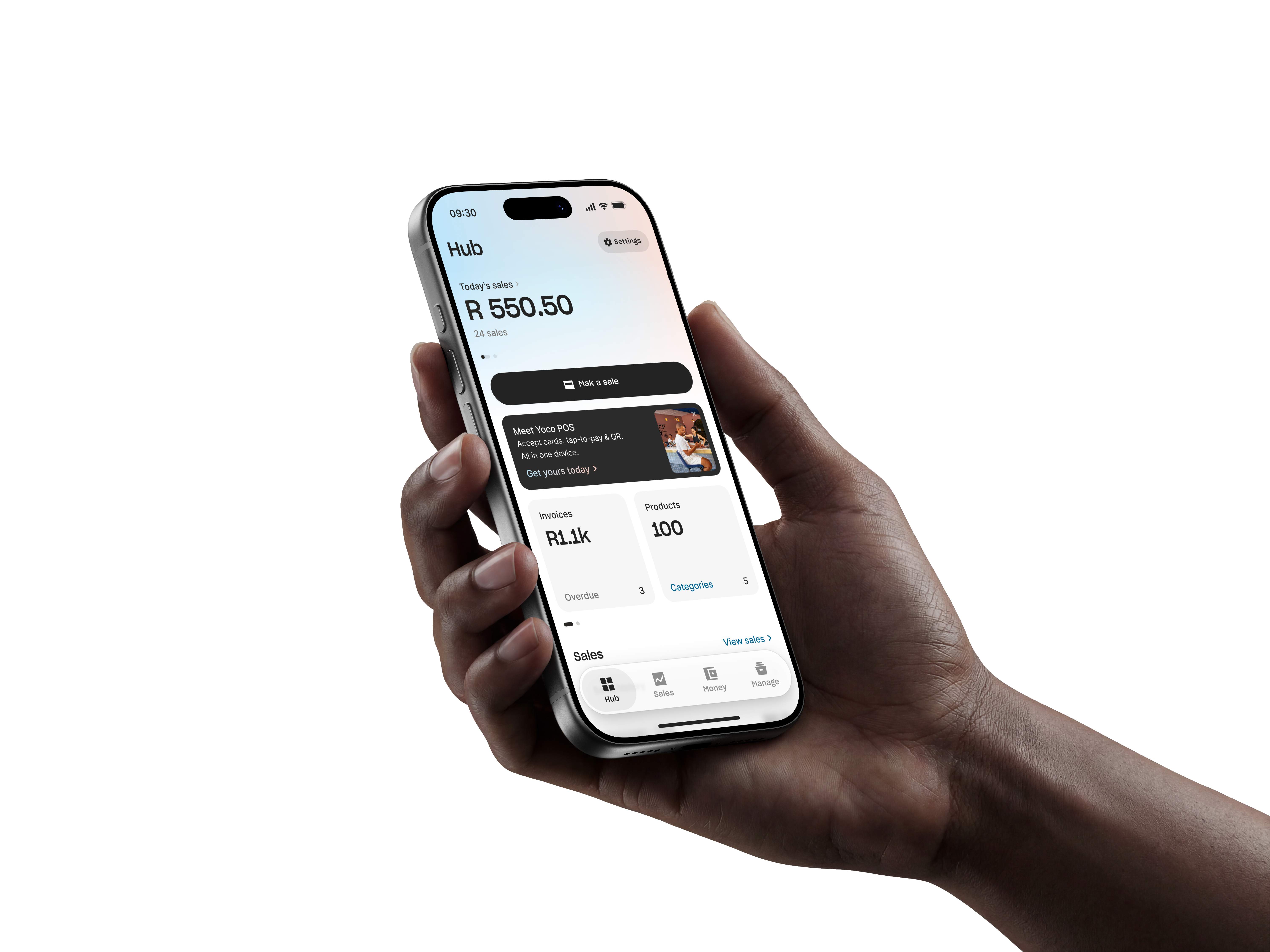 A hand holding a phone showing the Hub tab: today’s sales of R550.50 above a Make a sale button, a Yoco POS card, two empty featured widget slots, and the Hub, Sales, Money and Manage tab bar.