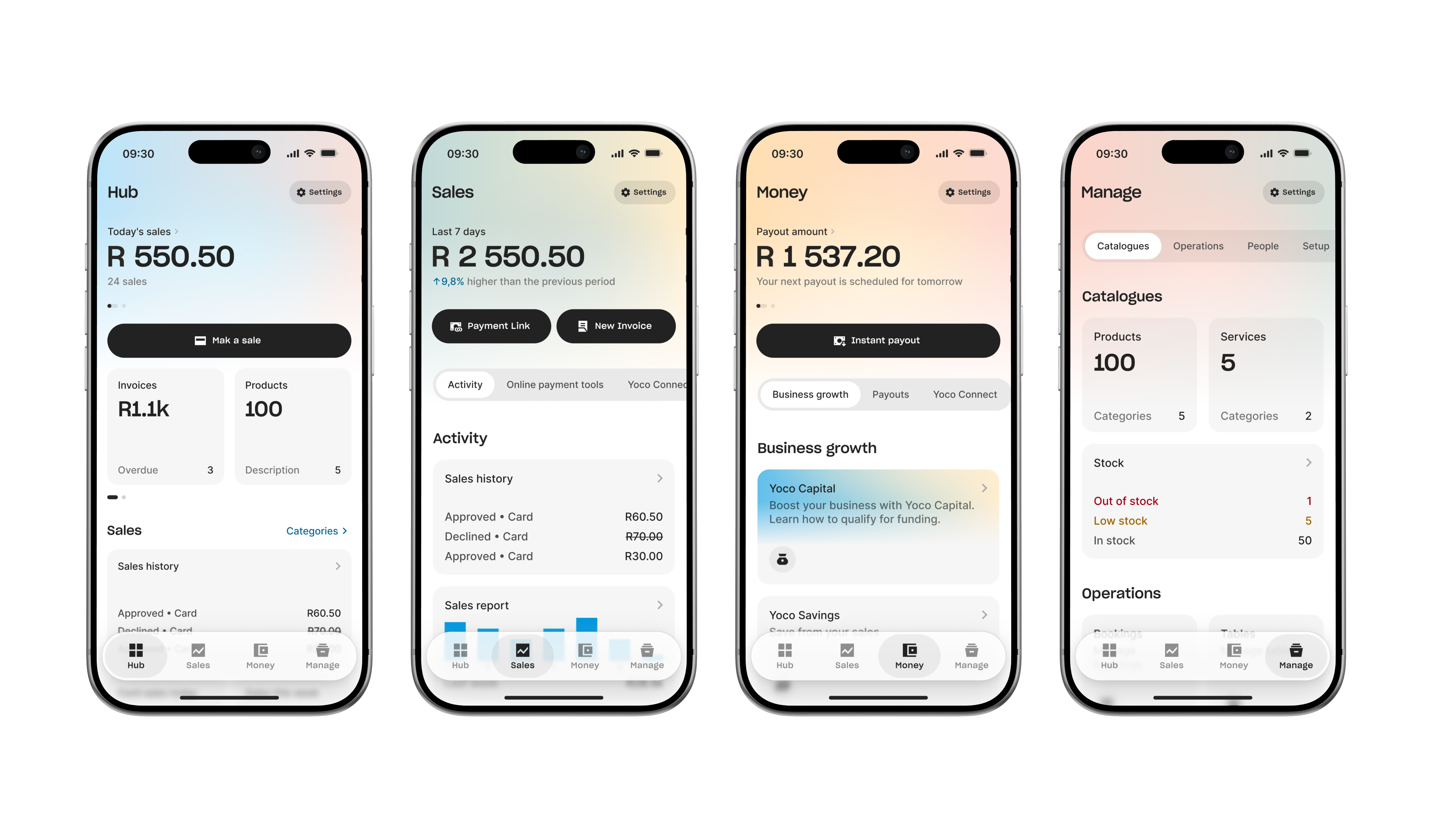 The four sections on four phones: Hub with today’s sales, a featured card and invoice and product counts; Sales with the last seven days, payment link and invoice actions and recent activity; Money with the next payout, instant payout and Yoco Capital; and Manage with catalogues, stock levels and operations.
