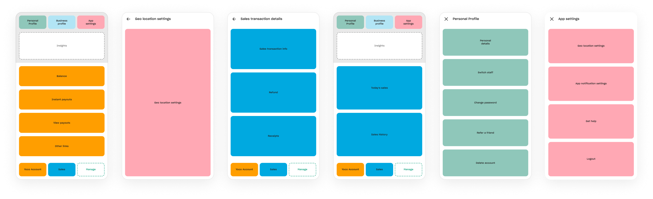Six early navigation prototypes as flat colour blocks, one colour per section: tabs for Personal Profile, Business profile and App settings above an empty Insights slot, then screens of balance and payouts, geo location settings, sales transaction details, today’s sales and history, personal profile, and app settings.