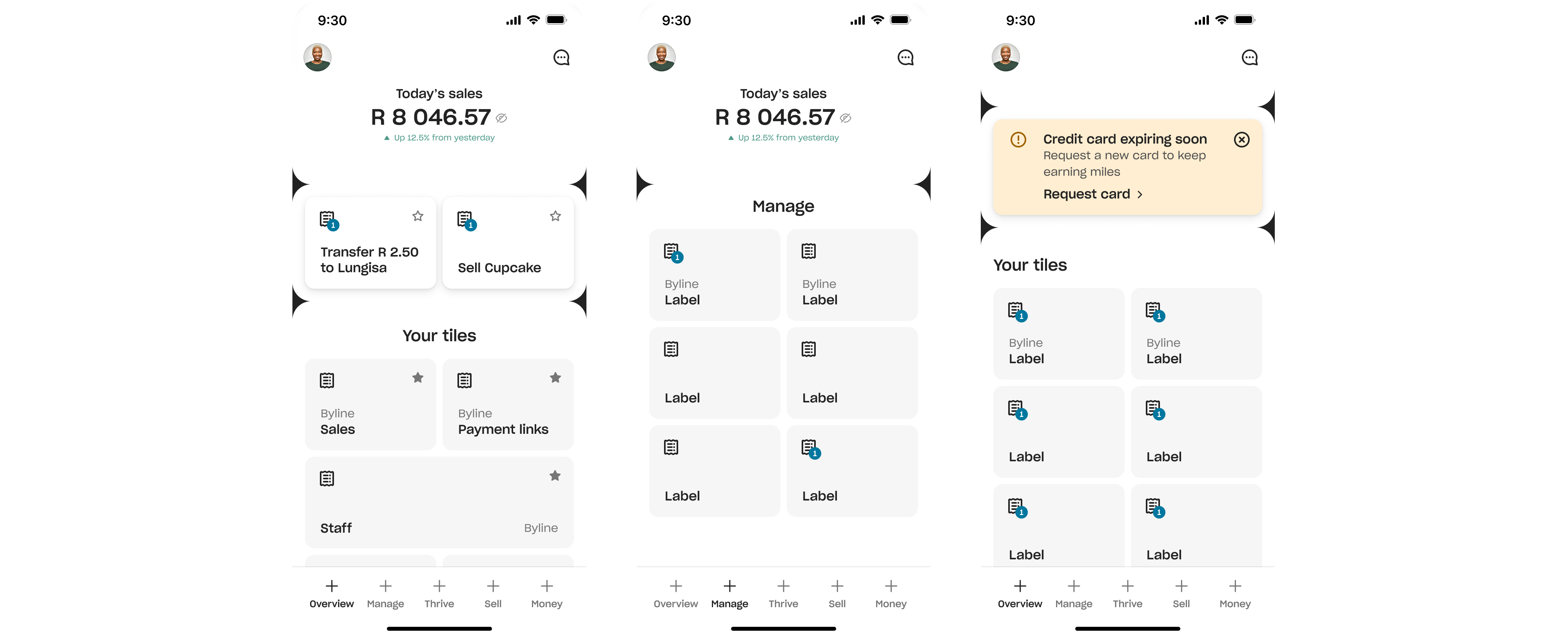 Three concept screens of an Overview tab: starred tiles for Sales, Payment links and Staff under a ‘Your tiles’ heading, the Manage tab beside it, and a dismissible card warning that a credit card is expiring soon.