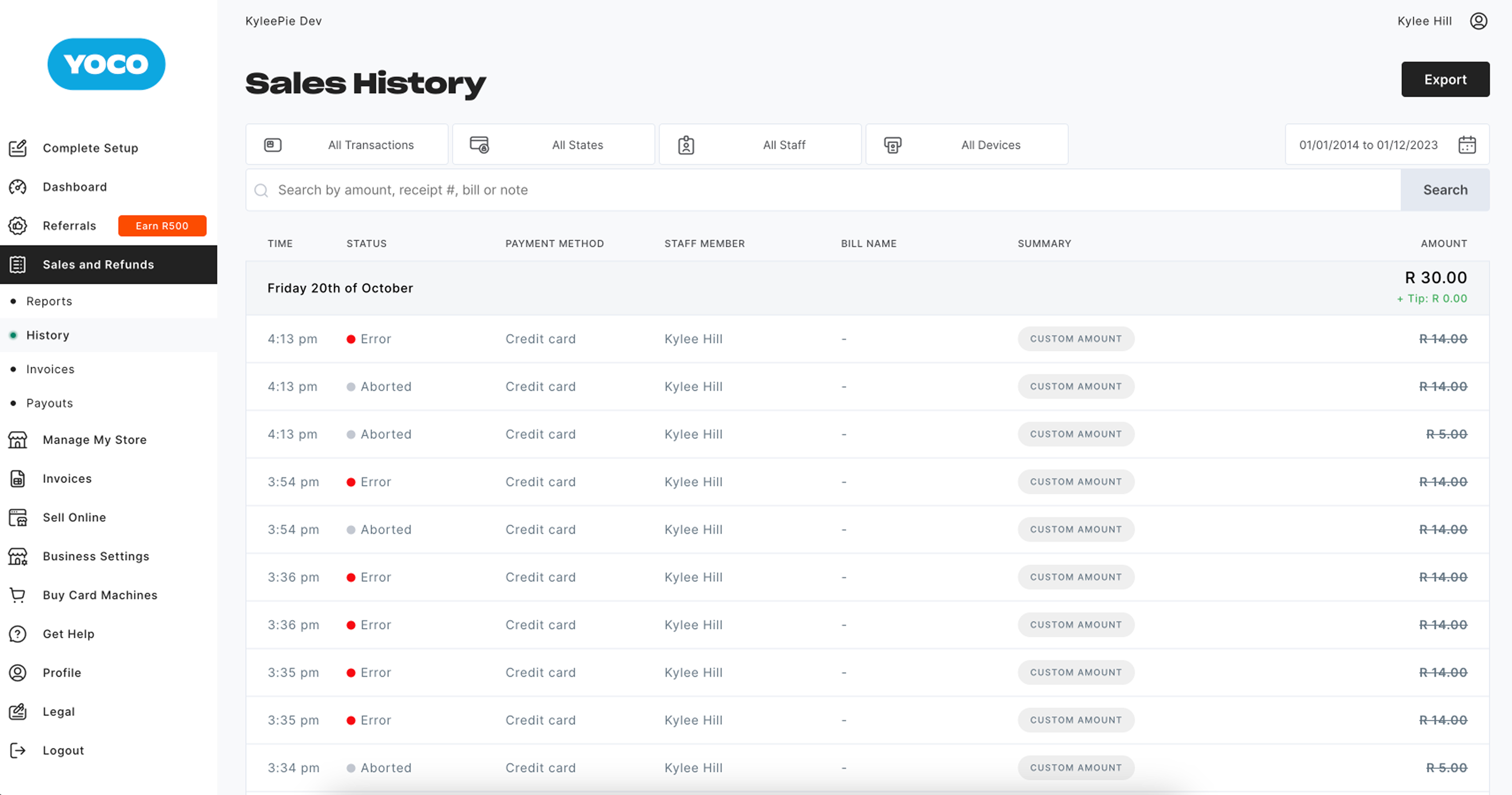 Portal’s Sales History page, with Sales and Refunds opened in the side nav to reveal Reports, History, Invoices and Payouts — while a separate Invoices item sits below it at the top level.