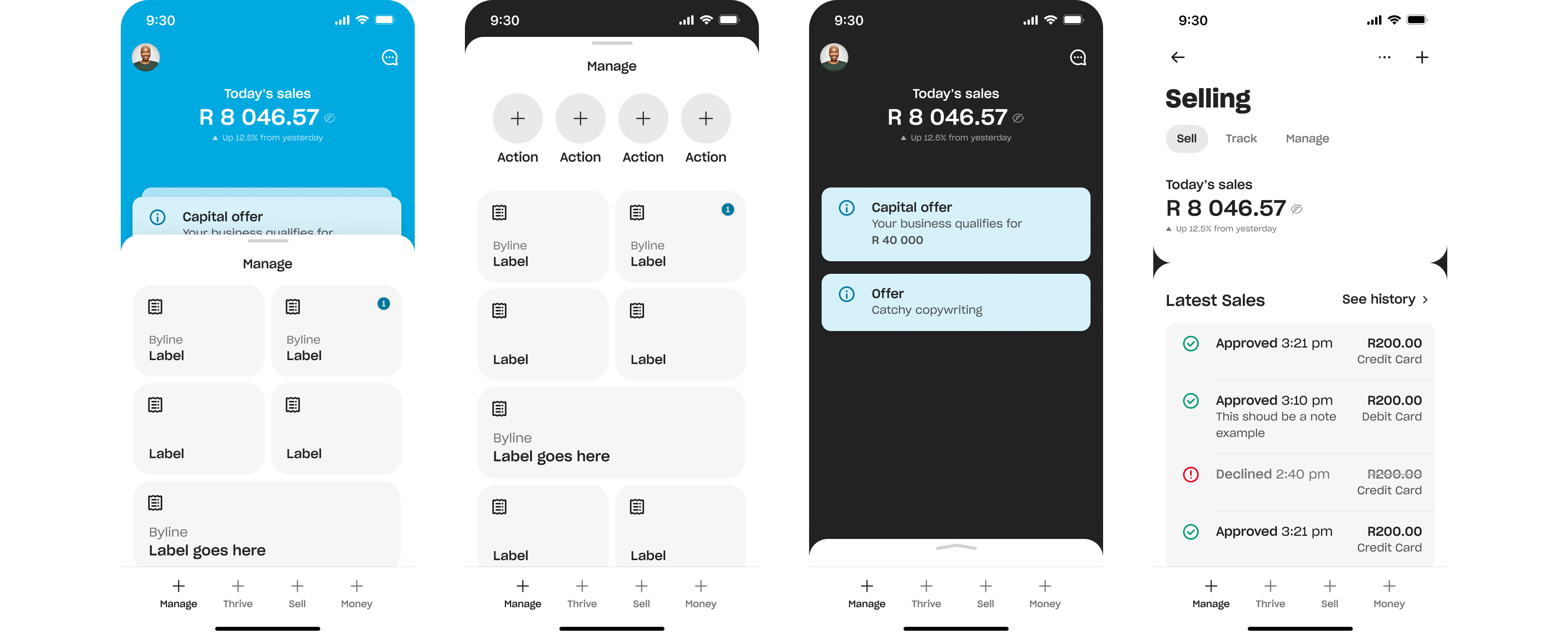 Four concept screens: today’s sales above a pulled-up sheet of labelled cards, the sheet expanded to full height, the sheet pulled down to reveal a Capital offer and a second offer on a dark background, and a Selling screen with Sell, Track and Manage tabs.