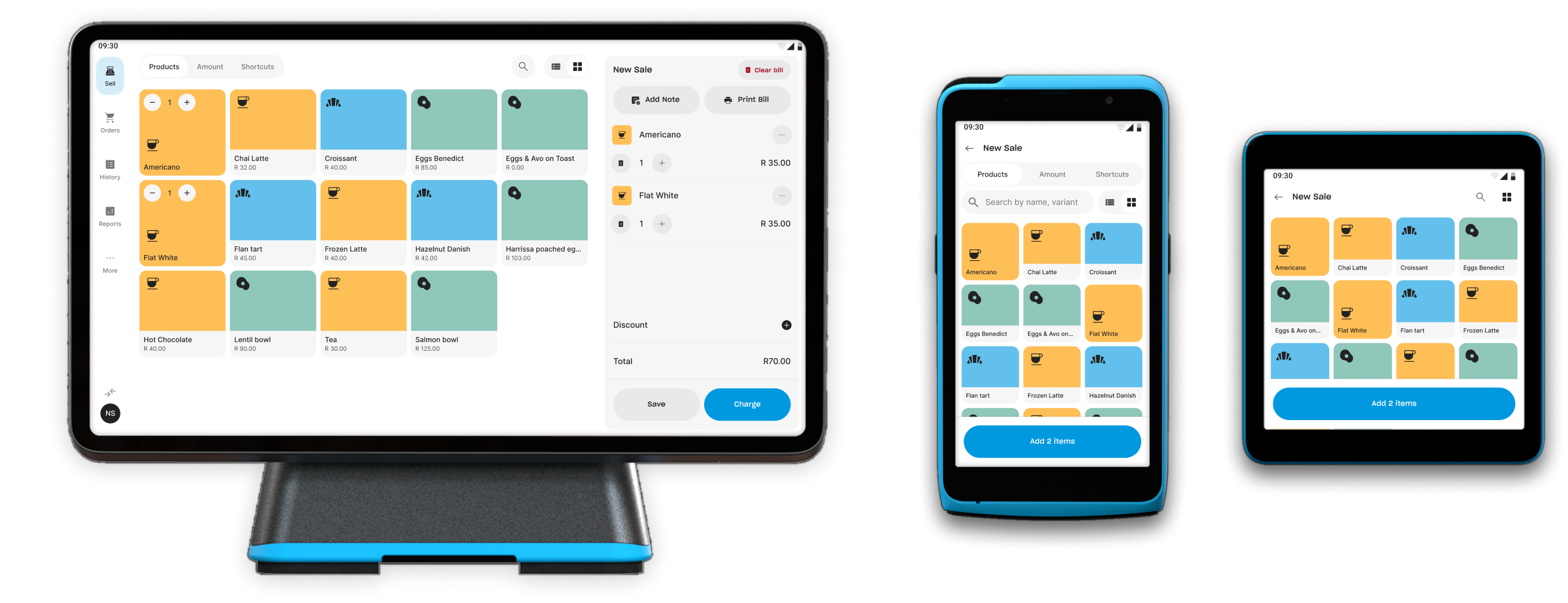 The same product catalogue on three Yoco devices: a countertop terminal, a handheld card machine and a tablet.