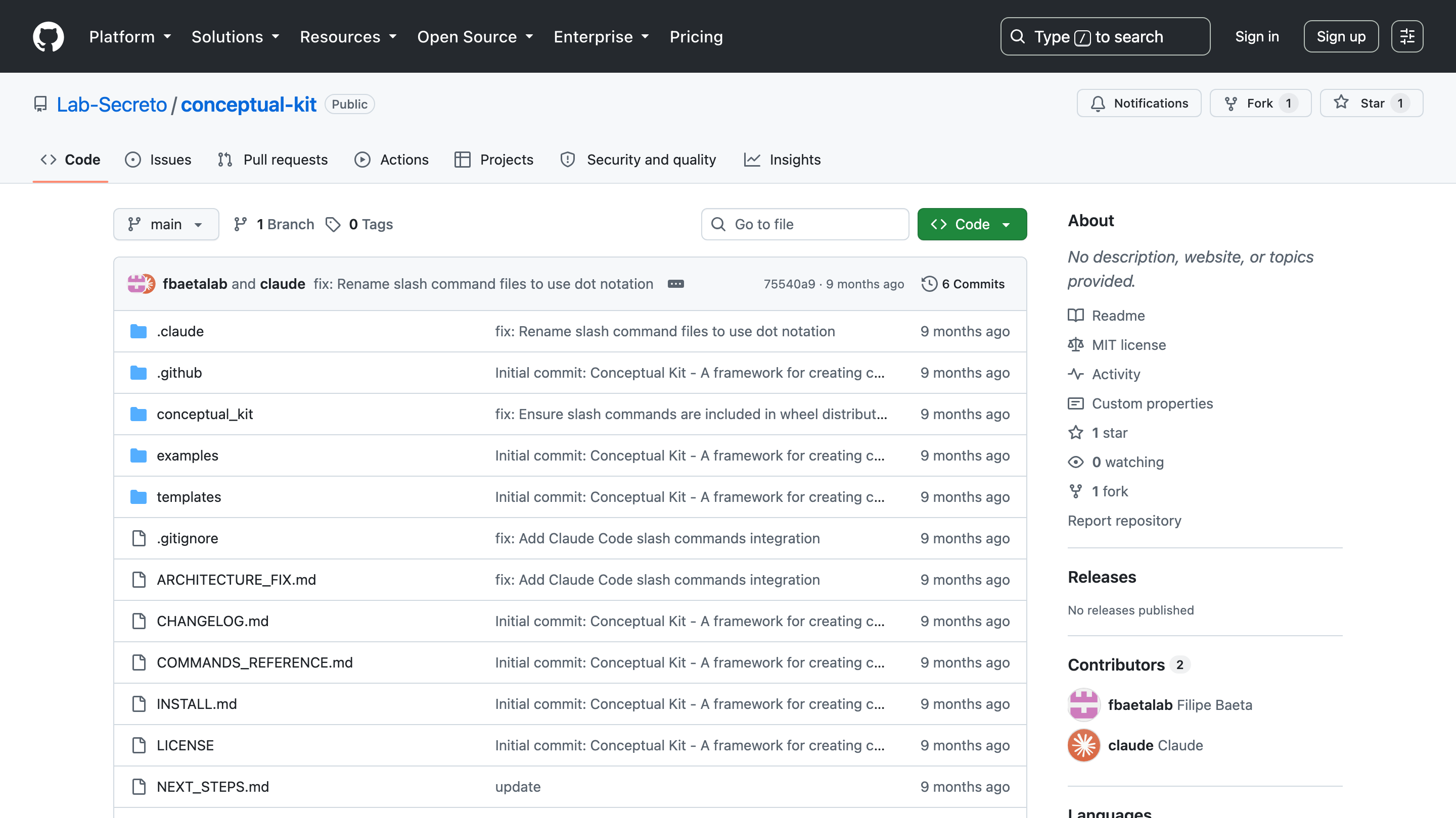 The Conceptual Kit repository on GitHub, under the Lab-Secreto organisation: a .claude folder of slash commands, the conceptual_kit package, templates and examples, a commands reference and a quick start, with Filipe Baeta listed as a contributor.
