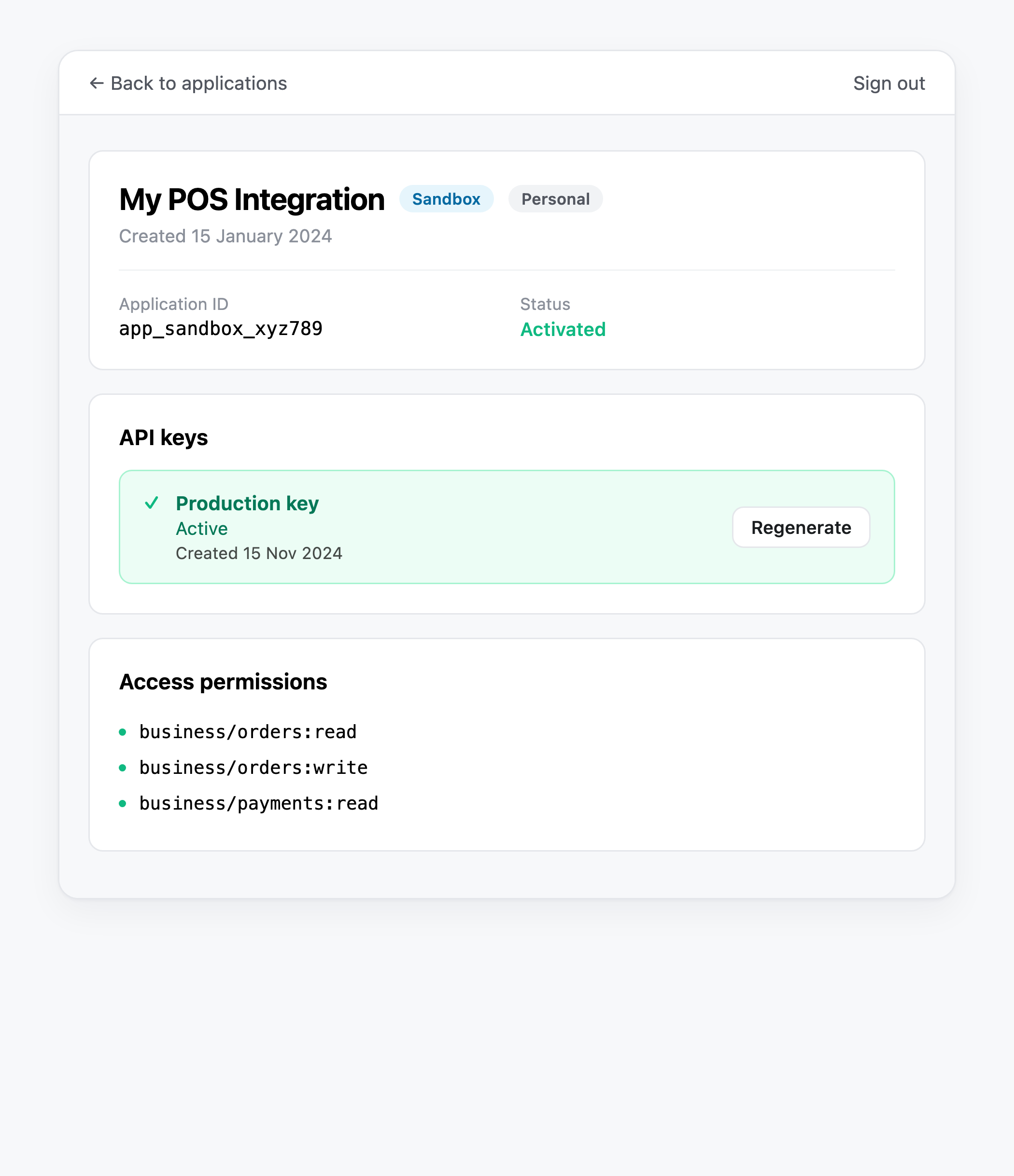 The same detail card with the banner gone: an Active API key with a Regenerate action beside it, and no Generate button anywhere on the screen.