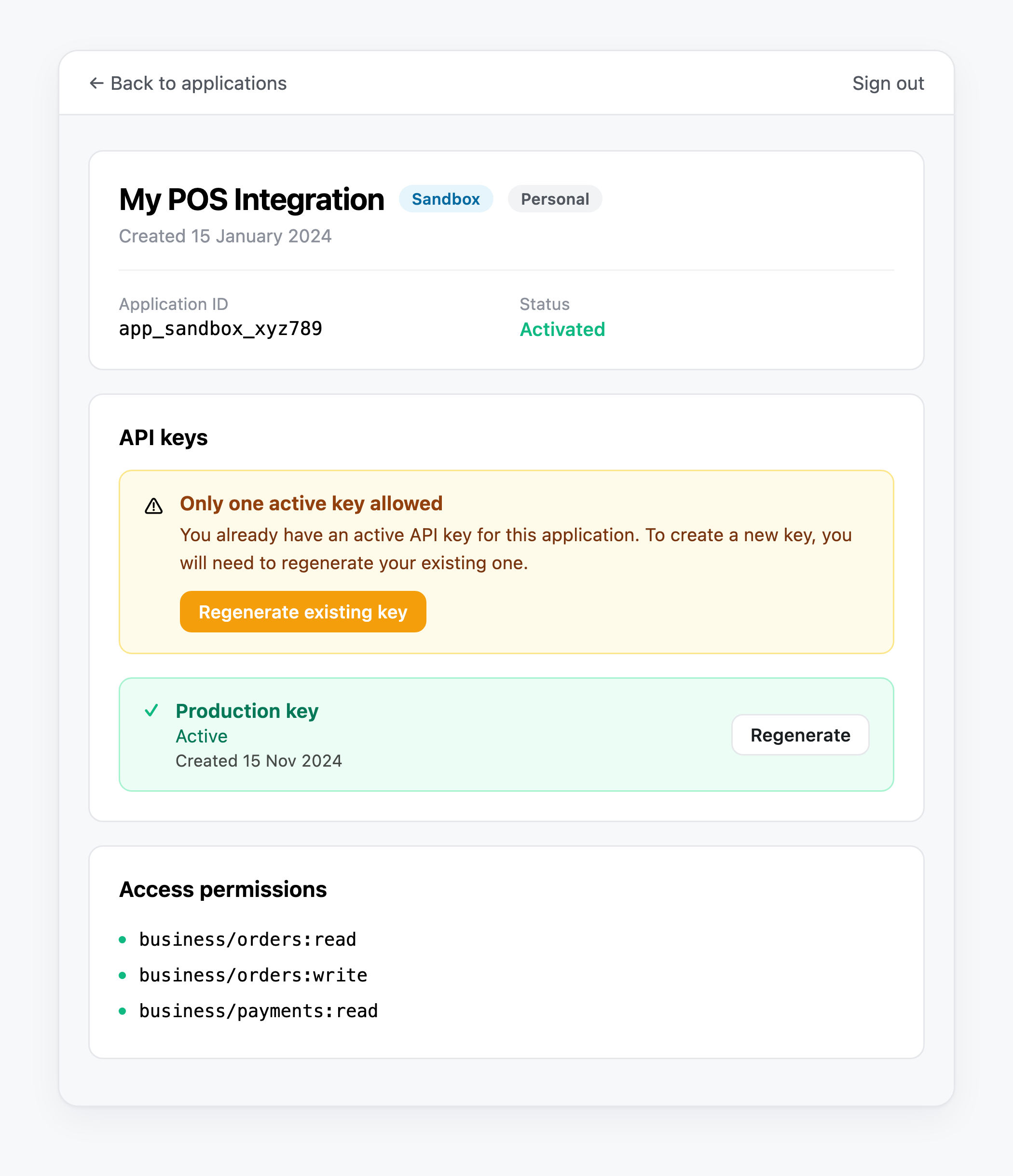 An application’s detail card with an amber banner: Only one active key allowed, explaining that a new key means regenerating the existing one, next to the Active key it already has.