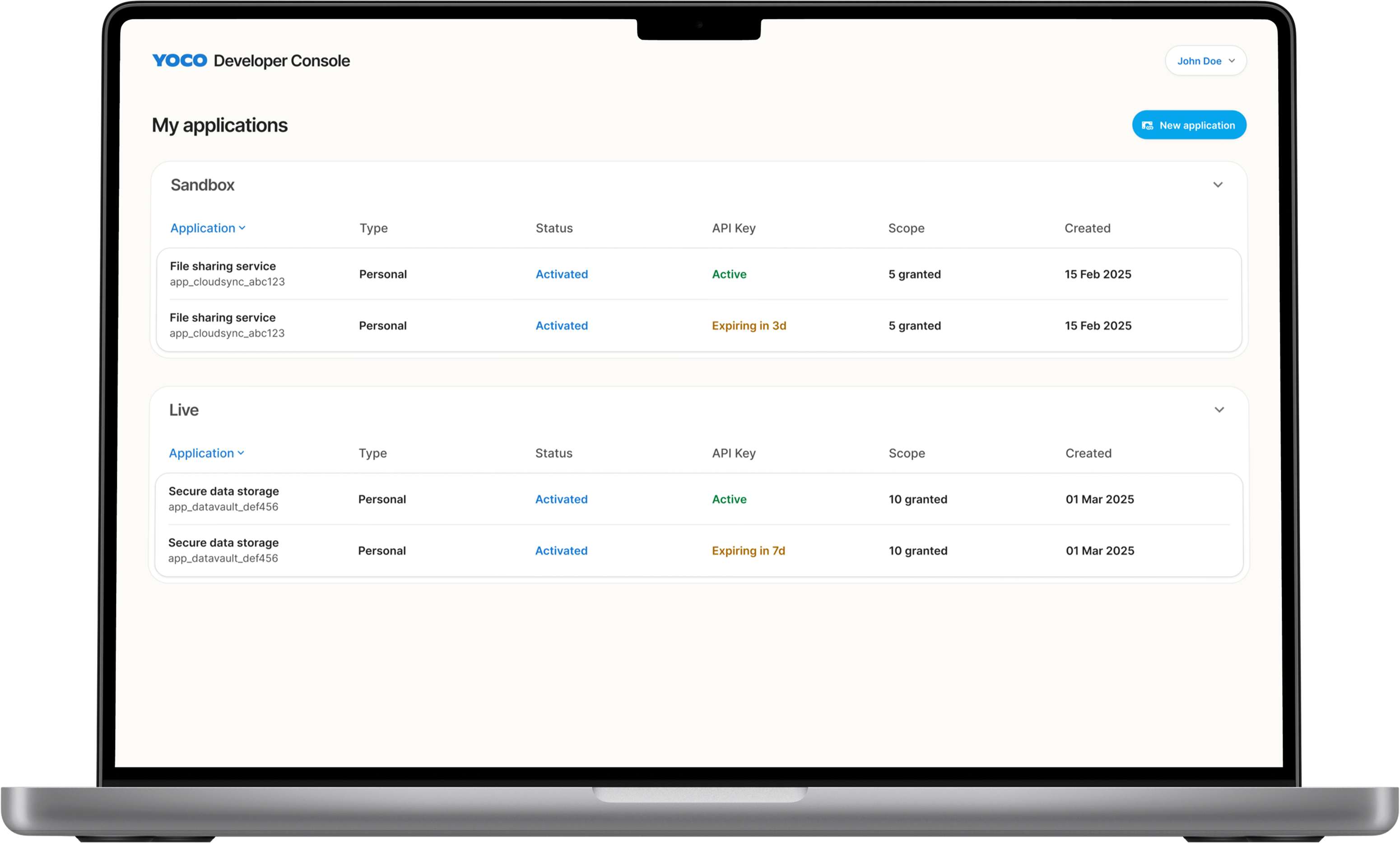 The console’s application list: Sandbox and Live sections, each a table of applications with type, status, API key state, granted scope count and creation date.