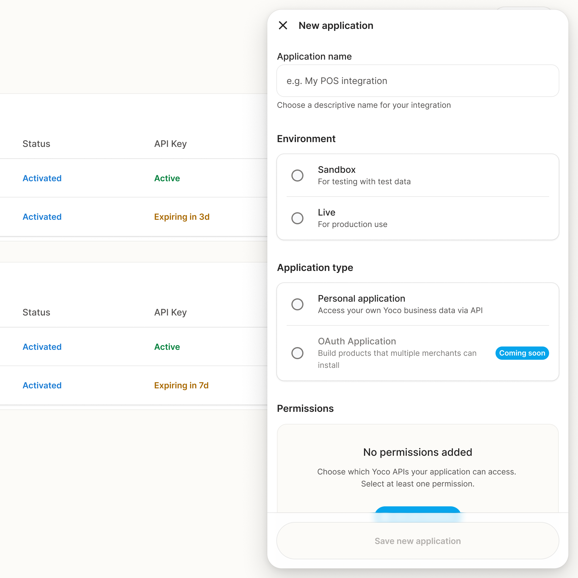 The New application sheet sliding over the list: a name field, Sandbox or Live environment, Personal or OAuth type with OAuth marked coming soon, and an empty permissions section.