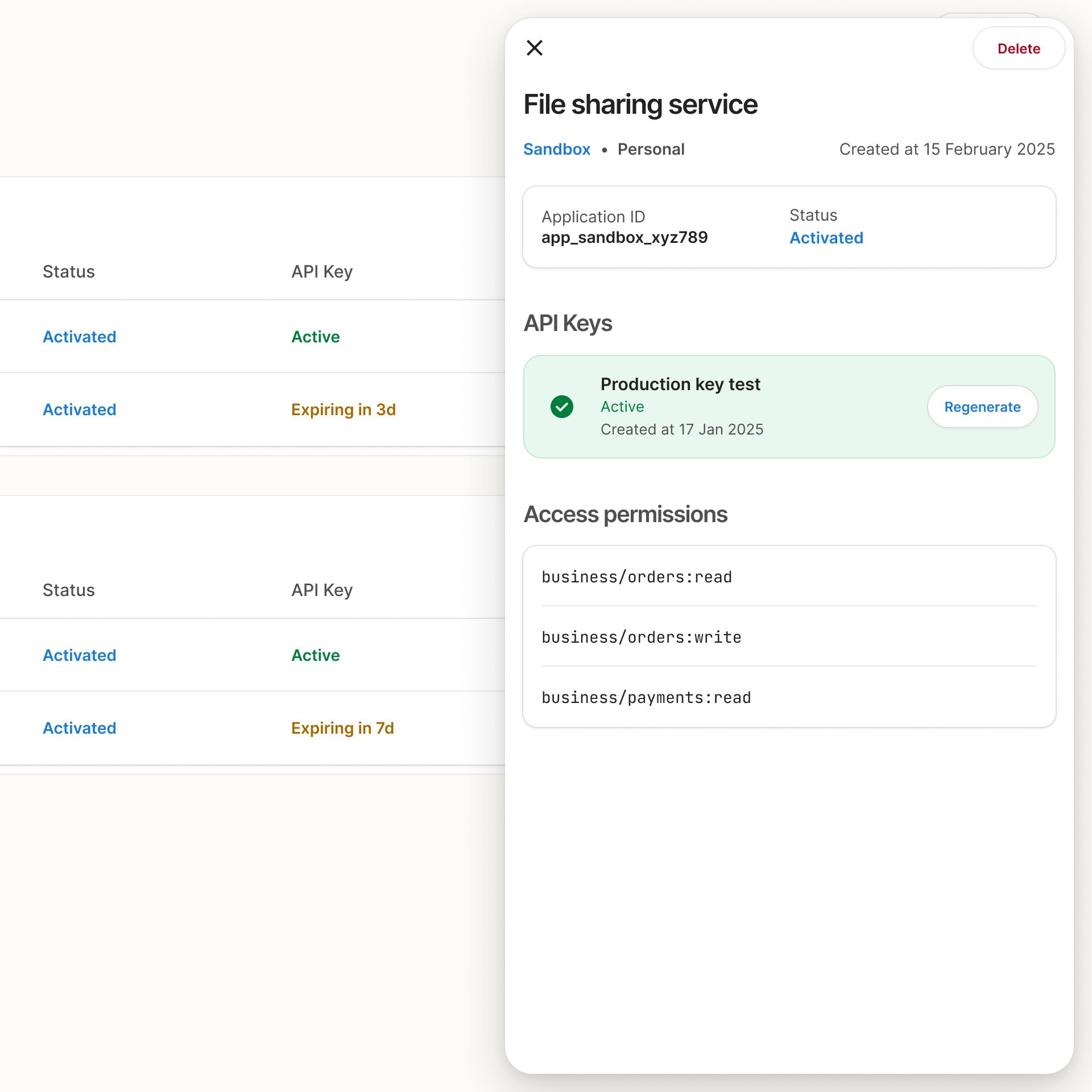 An application’s detail sheet: its ID and status, one Active API key with a Regenerate action, and the three access permissions it was granted.