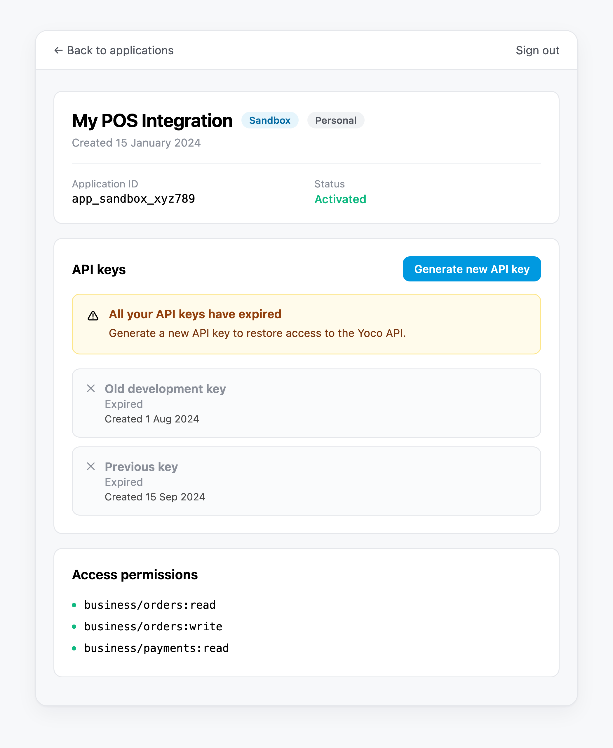 An application’s detail card with a warning banner: All your API keys have expired, above two keys both marked Expired, and a Generate new API key button.