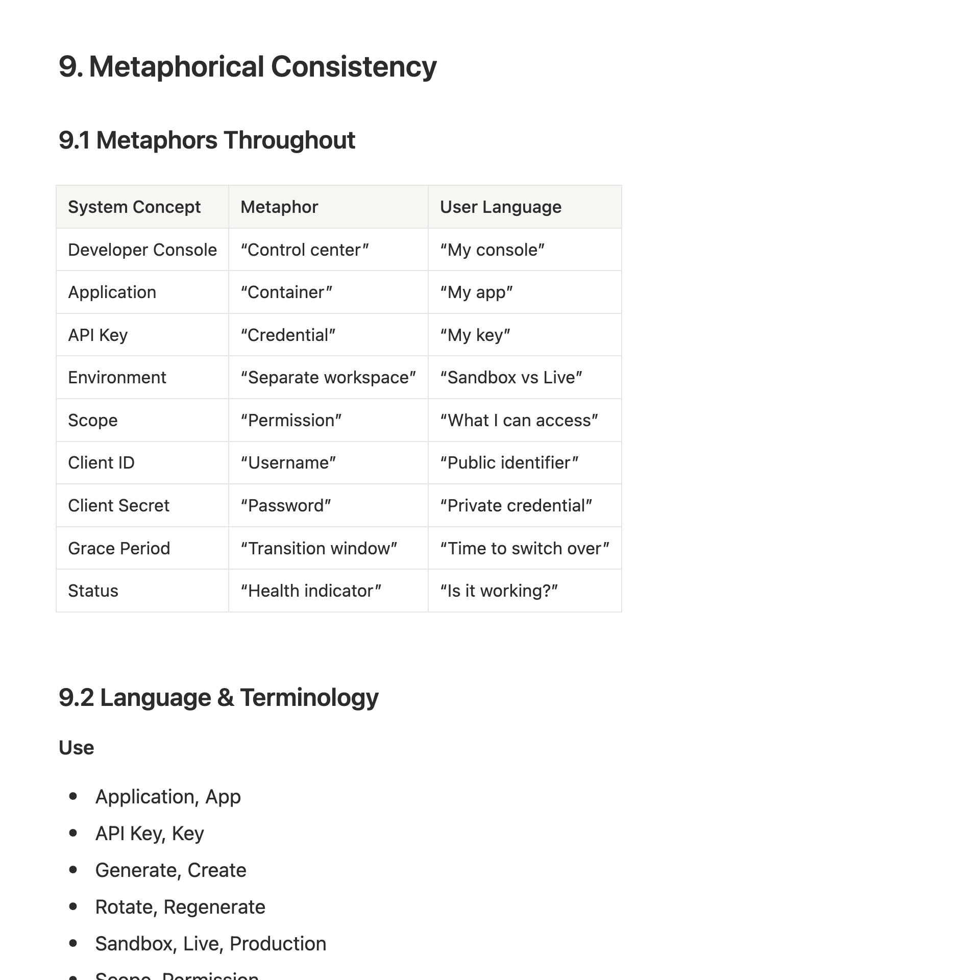 The metaphor table mapping each system concept to a metaphor and the words users actually say, followed by the vocabulary list of terms to use.