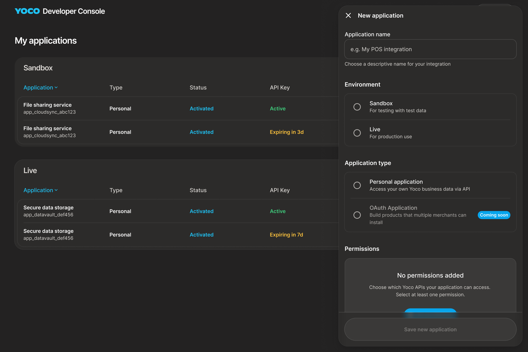 The same New application sheet and applications list in dark mode, with the status and key-state colours lifted to read on the dark surface.