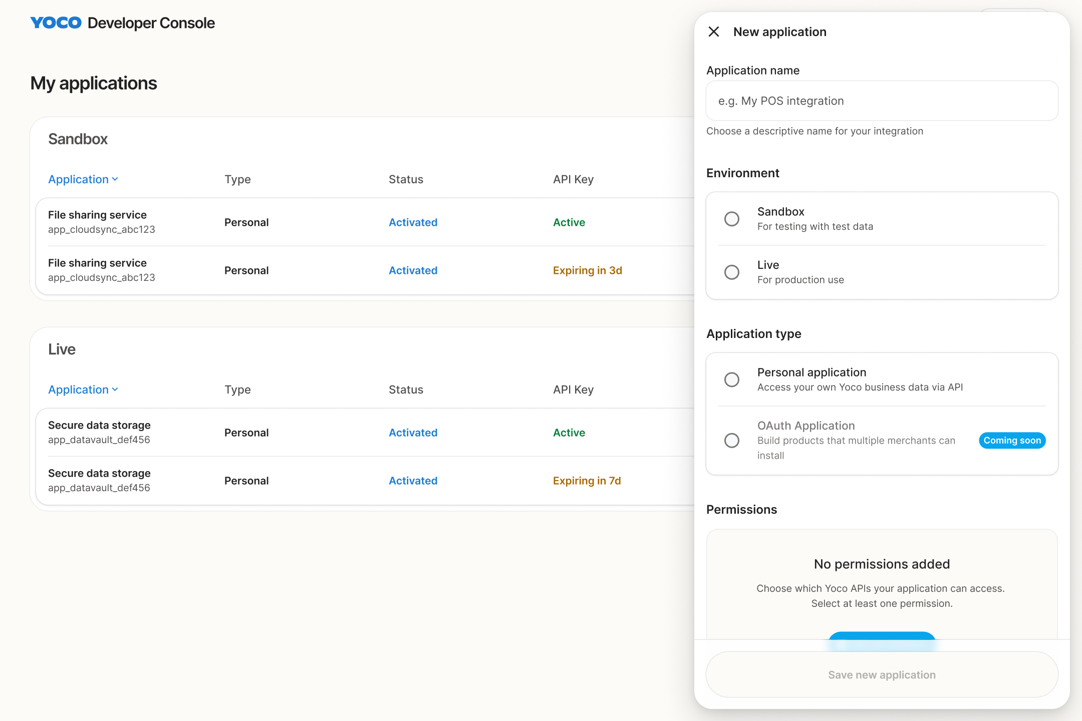 The New application sheet over the applications list in light mode: a name field, Sandbox or Live environment, Personal or OAuth type with OAuth marked coming soon, and an empty permissions section.